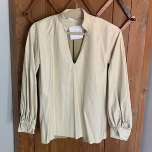 James beige faux leather long sleeve V neck blouse NWT